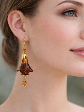 Honey Brown Hand Painted Lucite Flower Earrings, Crystal, Filigree Gold Cap